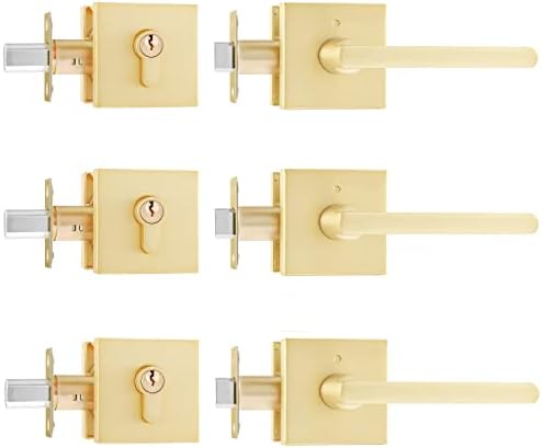Leydebong3-Pack Front Door Entry Lever Lockset with Keyed Deadbolt Gold Finish