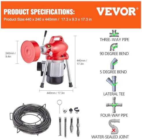 VEVOR 250W Electric Drain Cleaner with 250W Motor