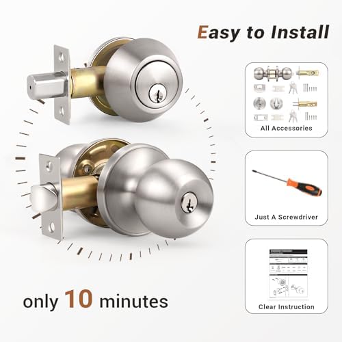 Satin Nickel Door Knob Set with Keyed Alike Deadbolt 2 Pack
