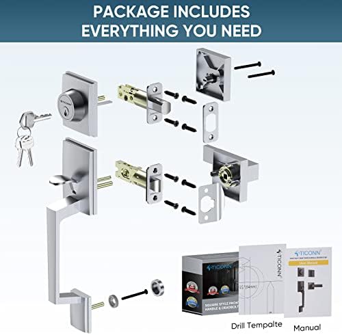 TICONN Satin Chrome Door Handle Set with Deadbolt