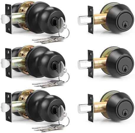 Brotima 3 Pack Matte Black Door Lockset and Deadbolt Set