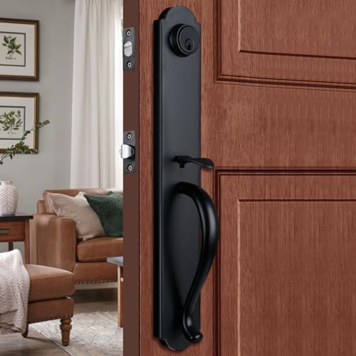 HISAFE Matte Black Front Door Handleset with Camelot Trim