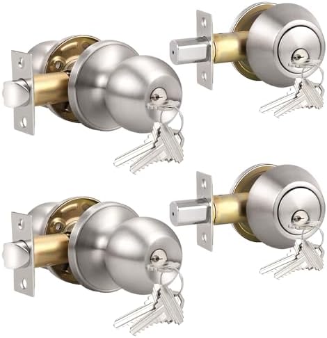 Satin Nickel Door Knob Set with Keyed Alike Deadbolt 2 Pack