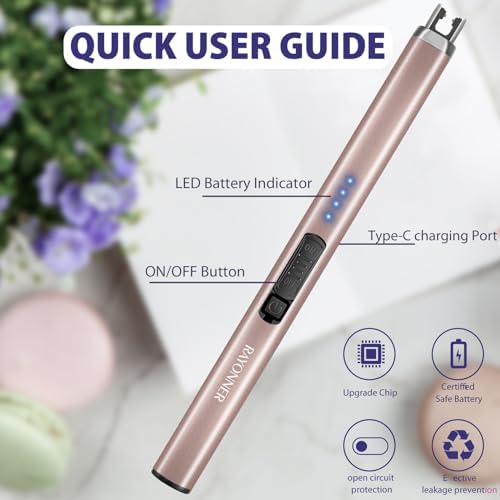 Raynonner Candle Lighter Electric With Safety Switch USB Rechargeable Flameless Rosegold