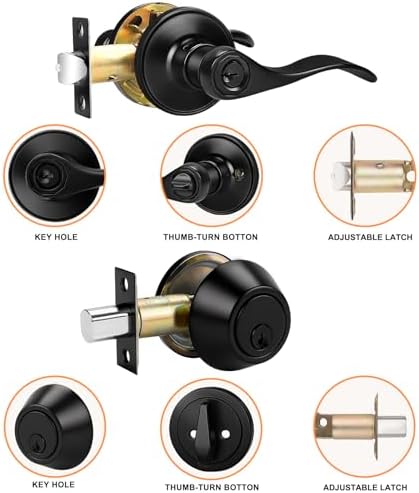Probrico 3 Pack Keyed Alike Door Handle and Deadbolt Set Black
