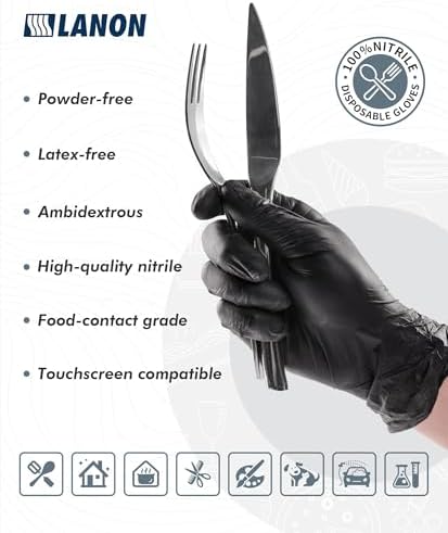 LANON Food Safe Disposable Nitrile Gloves Latex-Free Powder-Free Large Black