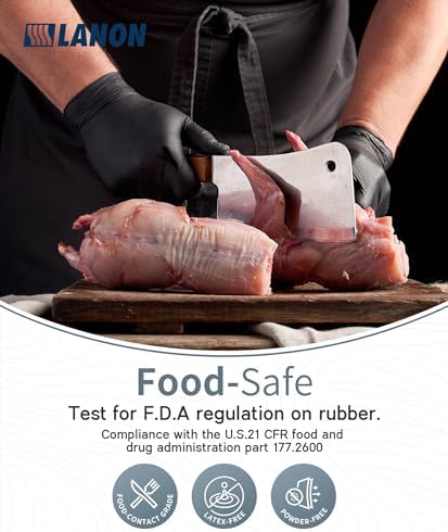 LANON Food Safe Disposable Nitrile Gloves Latex-Free Powder-Free Large Black