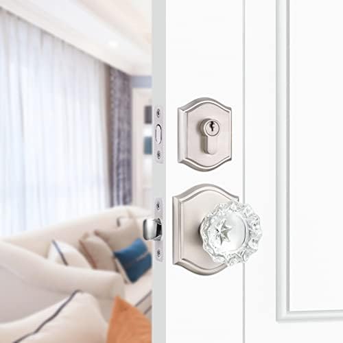 Elegant Crystal Glass Door Knob Deadbolt Set Satin Nickel Finish