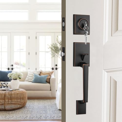 Haidms Oil-Rubbed Bronze Door Handle Set with Deadbolt and Reversible Lever
