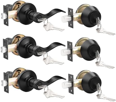 Probrico 3 Pack Keyed Alike Door Handle and Deadbolt Set Black