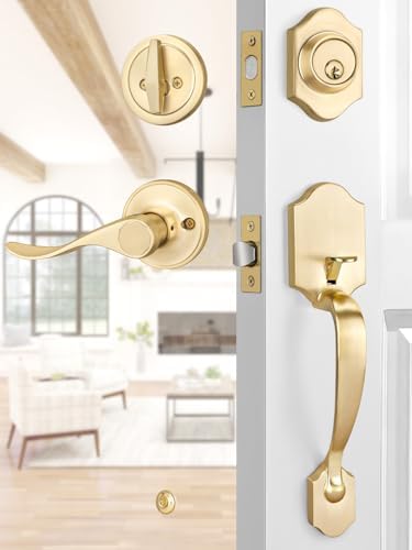 Heavy-Duty Entry Door Handle Set with Satin Brass Finish
