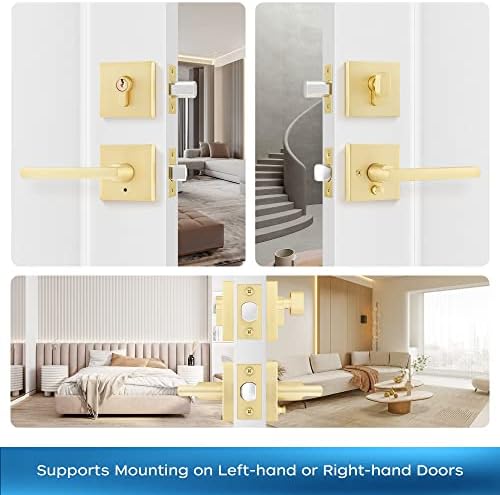 Leydebong3-Pack Front Door Entry Lever Lockset with Keyed Deadbolt Gold Finish
