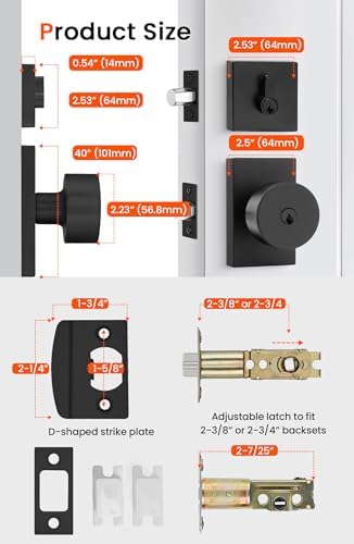 Sturdy Matte Black Door Knob Set with Deadbolt for Entryway