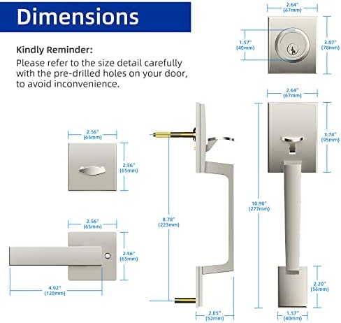 Adjustable Front Door Entry Door Lock Handle Set Modern Satin Nickel