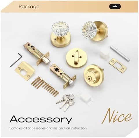 Leydebong Crystal Glass Door Knob with Deadbolt Lock Set