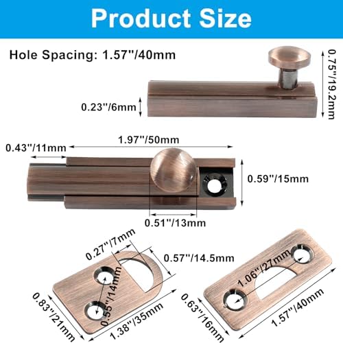 Luomorgo 2-Inch Solid Brass Surface Bolt with Red Bronze Slide Latch