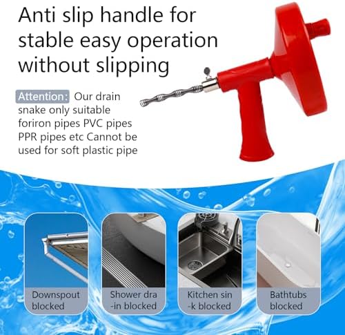 15FT Heavy Duty Drain Auger for Kitchen Bathroom Shower Red