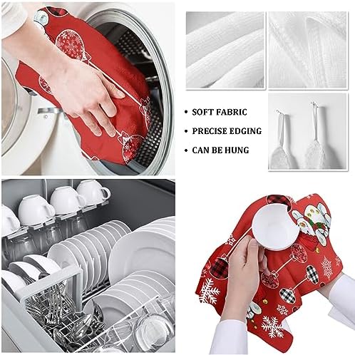 Red Snowman Kitchen Towels Premium 18x28 Checkered Microfiber Dishcloth Set