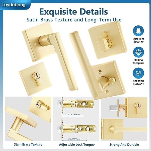 Leydebong3-Pack Front Door Entry Lever Lockset with Keyed Deadbolt Gold Finish