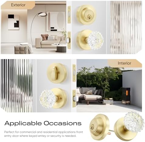 Leydebong Crystal Glass Door Knob with Deadbolt Lock Set
