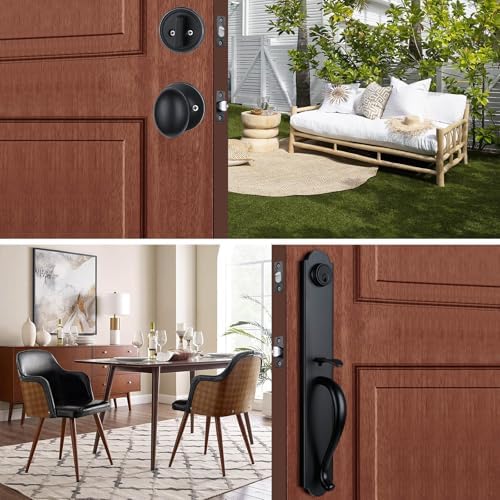 HISAFE Matte Black Front Door Handleset with Camelot Trim