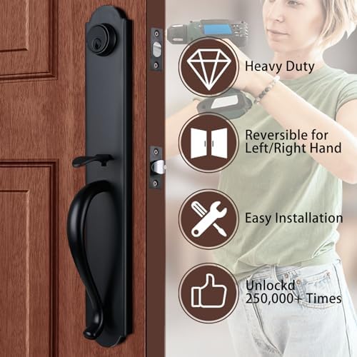 HISAFE Matte Black Front Door Handleset with Camelot Trim