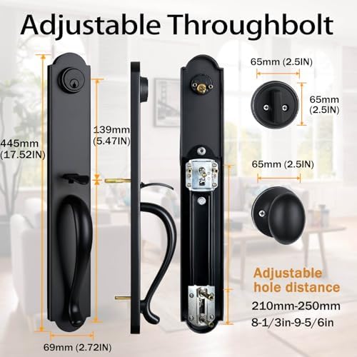 HISAFE Matte Black Front Door Handleset with Camelot Trim