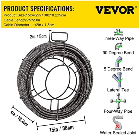 VEVOR 75 Feet 12 Inch Drain Cleaning Cable
