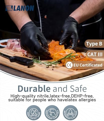 LANON Food Safe Disposable Nitrile Gloves Latex-Free Powder-Free Large Black
