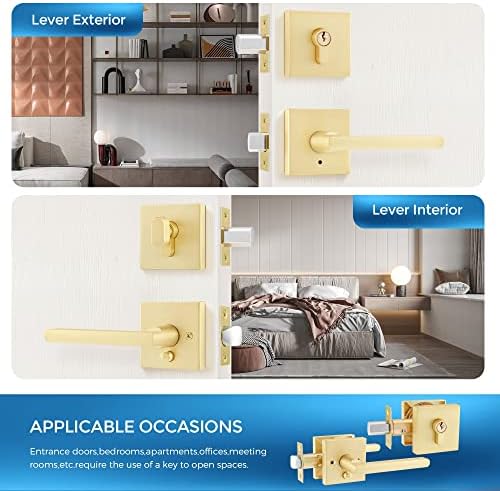 Leydebong3-Pack Front Door Entry Lever Lockset with Keyed Deadbolt Gold Finish