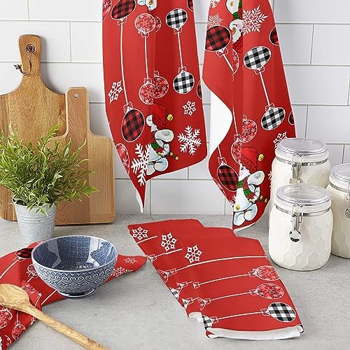 Red Snowman Kitchen Towels Premium 18x28 Checkered Microfiber Dishcloth Set