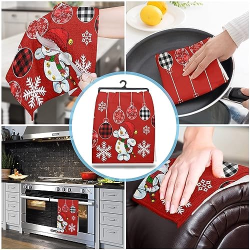 Red Snowman Kitchen Towels Premium 18x28 Checkered Microfiber Dishcloth Set
