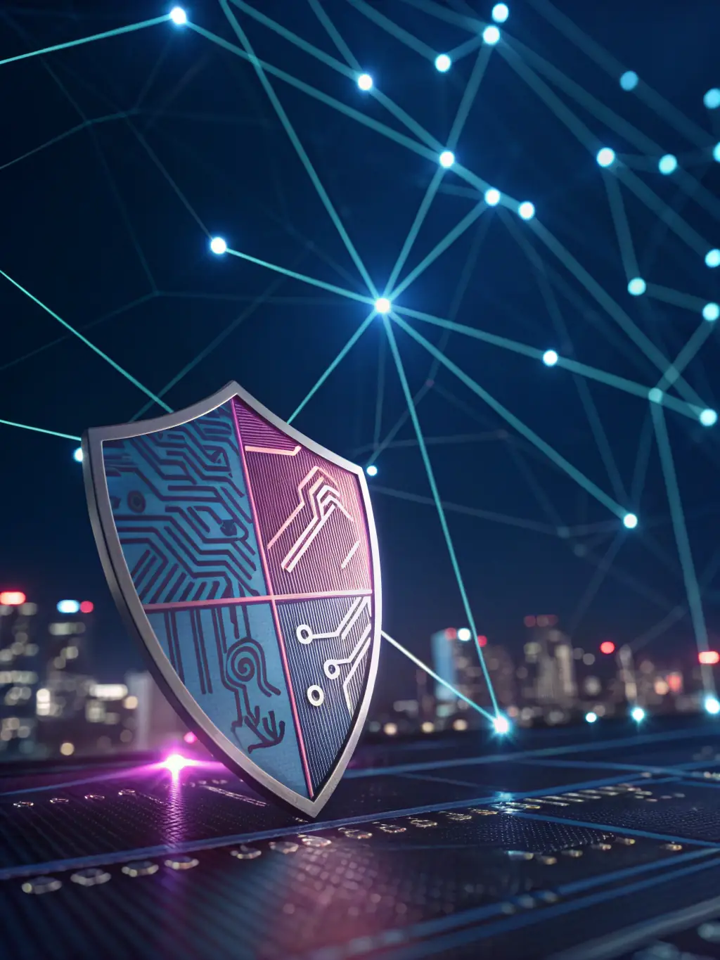 An image of a digital shield protecting data streams, representing cybersecurity services.